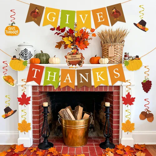 Vista 5 de Decoraciones de Acción de Gracias, pancarta de agradecimiento y hojas de arce de calabaza, decoración de remolinos colgantes, decoraciones de fiesta