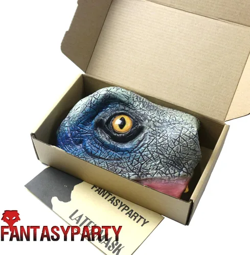 Vista 7 de Máscara de animales de Halloween, disfraz de fiesta de látex, máscara de cabeza de dinosaurio, velociraptor