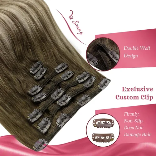Vista 8 de Ve Sunny Extensiones de cabello humano real con clip balayage, color marrón castaño degradado a rubio, 12 pulgadas, 5 unidades, 2.82 onzas