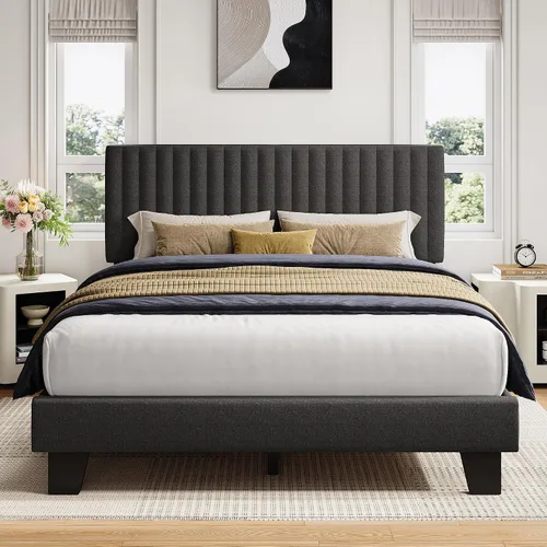 Vista 10 de iPormis Base de cama tamaño twin, cama de plataforma tapizada con cabecera de lino vertical, patas de cama anchas y soporte de listones de madera