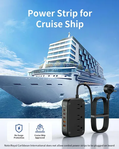 Vista 9 de Regleta de alimentación 7 en 1, regleta de alimentación PD USB C de 85W con 3 USB-C, 2 puertos USB-A y toma de corriente AC de 2500W, enchufe plano