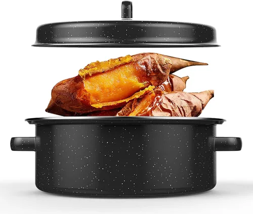 Vista 9 de Sartén para asar con acabado moteado negro, antiadherente, para el hogar, sartén asada con tapa para batatas asadas, castañas, material esmaltado