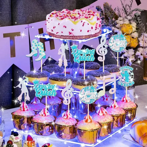 Vista 6 de 24 piezas de decoración de cupcakes de reina bailarina con brillantina, bola de discoteca, notas musicales, cantante, baile, cupcakes, temática