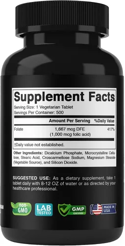 Vista 8 de Vitabod Ácido fólico 1 mg (1000 mcg) (vitamina B9) - 500 tabletas vegetarianas - una vitamina prenatal y posnatal esencial