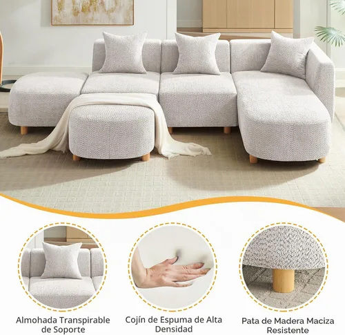 Vista 4 de 279 cm Sofá modular seccional con 3 almohadas, cómodo sofá de chenilla en nube convertible de 5 plazas con reposapiés, sofás seccional modernos