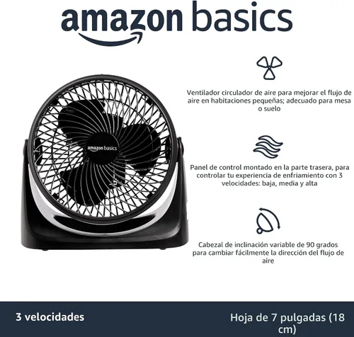 Vista 2 de Amazon Basics Ventilador circulador de aire, ventilador de escritorio para dormitorio, hogar y oficina, con cabezal de inclinación de 90 grados, 3