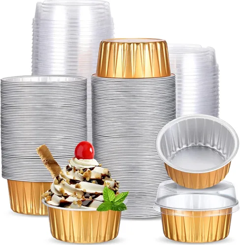 Vista 11 de 150 moldes desechables de papel de aluminio para hornear, con tapas, mini moldes para cupcakes de 5 onzas, moldes para flan, moldes para tartas