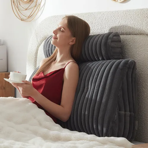 Vista 17 de Almohada de cabecero + Una almohada larga de cuello enrollado Almohada para el cuerpo, almohada de cuña de cabecero de pelo sintético con funda Beige