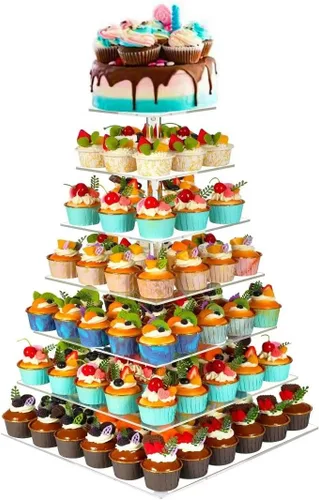 Vista 7 de Soporte de torre de acrílico de 4 niveles, exhibición cuadrada transparente para postres, juego de soporte para pasteles y cupcakes, decoración