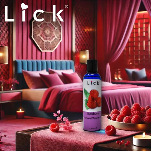 Vista 3 de Lick Aceite de masaje con sabor a frambuesa, aceite de masaje comestible de bayas brillantes con aceite de almendras dulces y vitamina E
