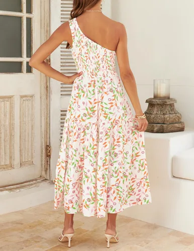 Vista 5 de ZESICA Vestido largo midi de verano bohemio con estampado floral de un hombro, sin mangas, fruncido con volantes, escalonado, para playa