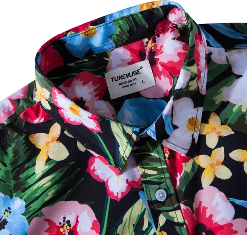 Vista 3 de TUNEVUSE Camisa de flores para hombre, manga corta, con botones, estampado de hibisco, Aloha