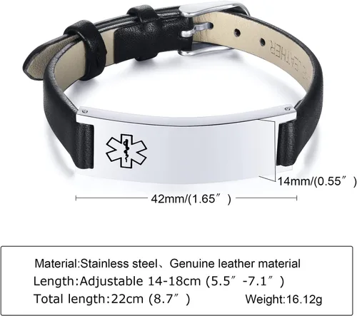Vista 28 de MPRAINBOW Pulsera de alerta médica personalizada para mujer, correa de reloj de cuero genuino, grabado de doble cara, diabetes, epilepsia, joyería