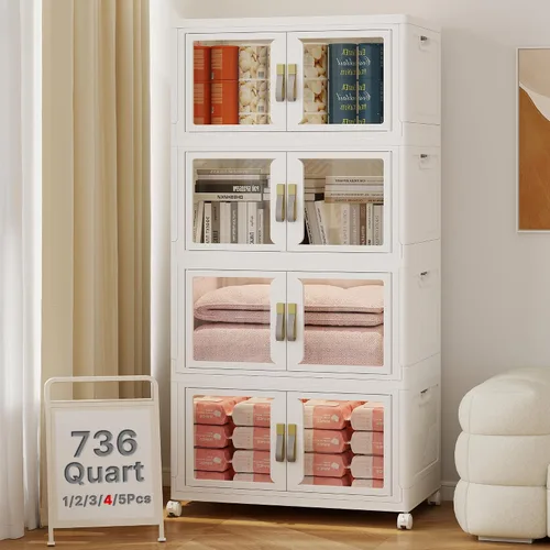 Vista 9 de Contenedor de almacenamiento apilable de 48 cuartos de galón con tapa, ruedas y puerta, organizador plegable de 12 galones para dormitorio, estudio