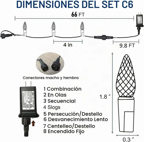 Vista 2 de Dazzle Bright C6 - Tira de luces de Navidad, 200 luces LED de 66 pies, impermeables, conectables con temporizador, 8 modos de luces de Navidad