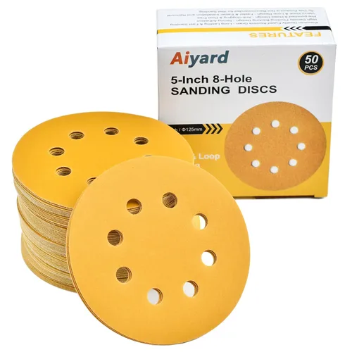 Vista 16 de Discos de lija de 5 pulgadas, 8 agujeros, gancho y bucle, granos surtidos 60/80/120/220/400, disco de lija dorado para lijadora orbital, paquete