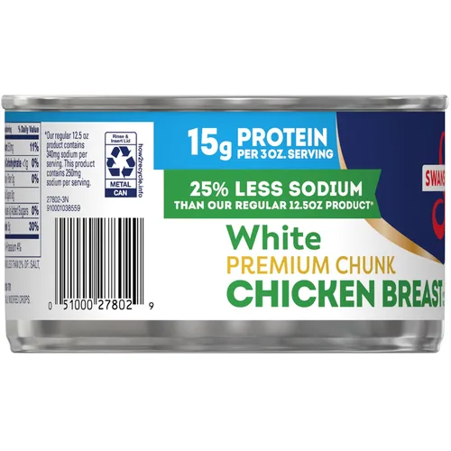 Vista 8 de Swanson 25% menos sodio, pechuga de pollo premium en agua enlatada en trozos blancos, lata de 12.5 OZ