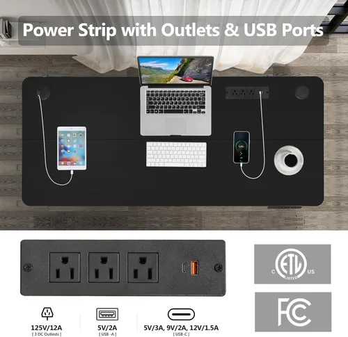 Vista 3 de Escritorio eléctrico de altura ajustable de pie, escritorio de sentarse y pararse de 48 x 24 pulgadas con toma de corriente, 2 puertos USB, 3 tomas