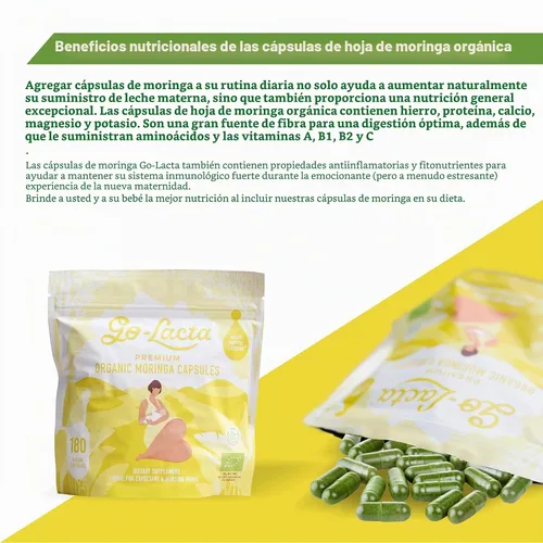 Vista 8 de Go-Lacta Cápsulas de moringa 100% orgánicas de primera calidad para lactancia materna - Construye el suministro de leche materna antes