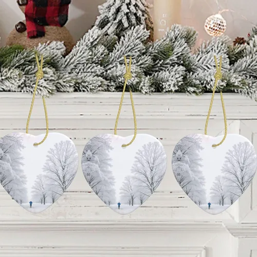 Vista 9 de Árboles en días nevados con estampado de árbol de Navidad colgante de cerámica en forma de corazón colgantes de árbol de Navidad reuniones
