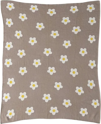 Vista 3 de Creative Co-Op Manta de punto de algodón para bebé con flores impresas, marrón y blanco Flores de color beige