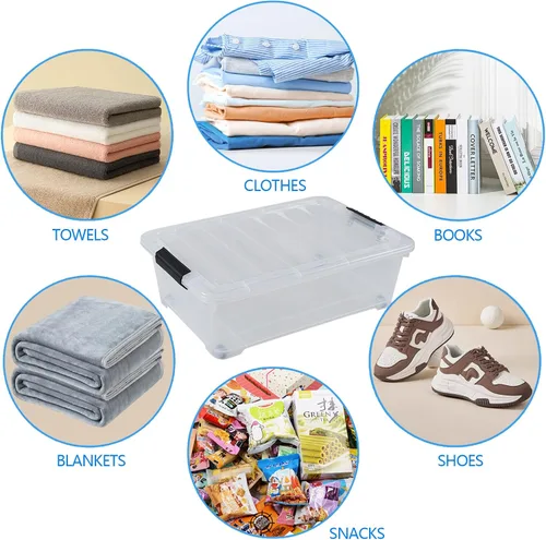 Vista 7 de Cajas de almacenamiento de 20 cuartos de galón debajo de la cama con ruedas, contenedor de almacenamiento de plástico transparente con pestillo