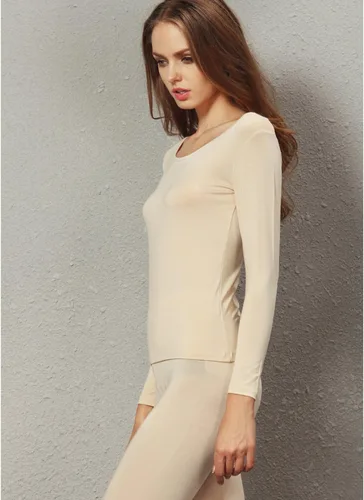 Vista 2 de Liang Rou Conjunto de ropa interior térmica modal ultra fina con cuello redondo para mujer