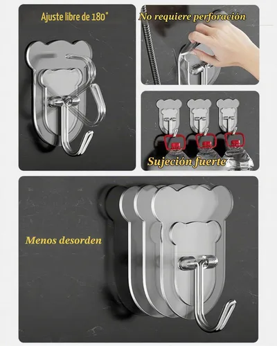 Vista 4 de 10 ganchos adhesivos resistentes de 10 libras máximo, ganchos de pared transparentes e impermeables para baño, ducha, cocina, oficina, sin daños