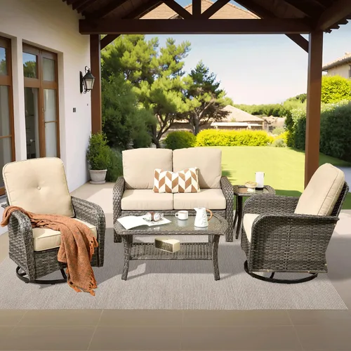 Vista 25 de ovios - Juego de muebles de patio de 2 piezas, sofá de mimbre para exteriores con sillas, silla de ratán con respaldo alto con cómodos cojines