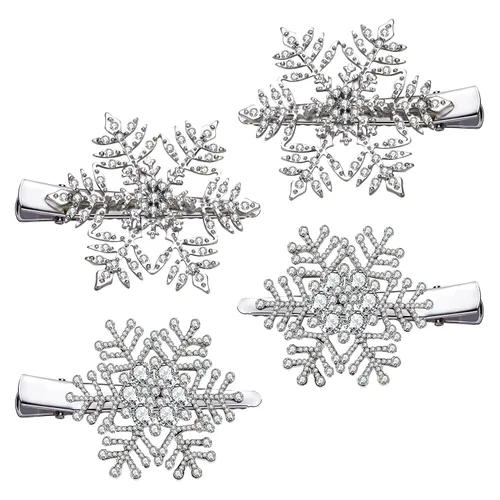 Vista 8 de PHALIN Pinzas para el cabello de Navidad para mujer, corona de copos de nieve, campanas de reno, horquillas para el pelo con diamantes de imitación