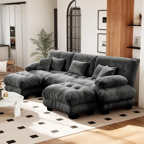 Vista 5 de Reposapiés Otomano Tapizado de Terciopelo con Cojín para Sofá Seccional Sofá 300 libras para Sala de Estar (Beige)