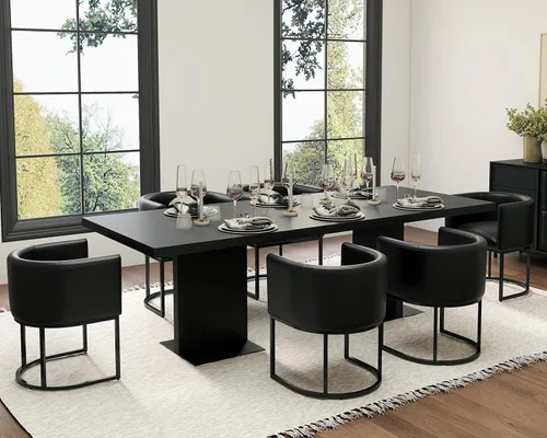 Vista 7 de HNY Silla de comedor moderna de mediados de siglo tapizada en forma de barril, negra, con brazos, silla de cocina y comedor de cuero, silla auxiliar