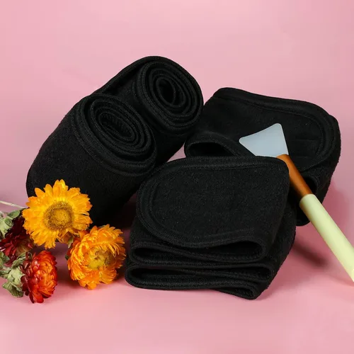 Vista 4 de Diademas faciales de spa, 4 piezas, maquillaje, ducha, baño, diadema deportiva, toalla elástica de tela de rizo con cinta mágica (negro)