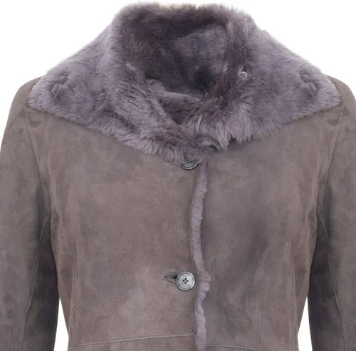 Vista 5 de Infinity Leather Abrigo de piel de oveja de gamuza merino gris con botones 34 para mujer