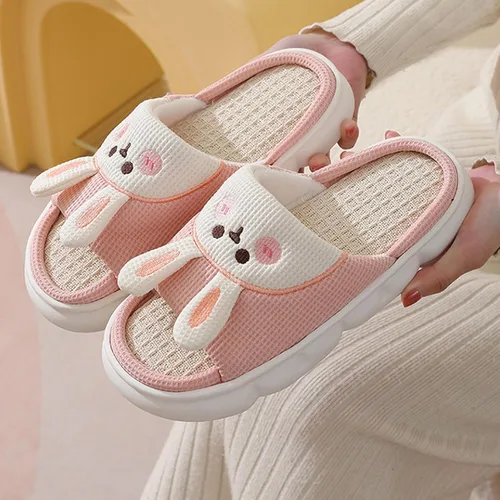 Vista 5 de Aucomfo Pantuflas de lino, bonitas pantuflas de animales para mujeres y hombres, bonitas pantuflas de casa para mujeres, pantuflas de casa kawaii