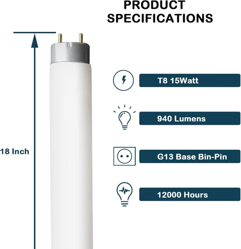 Vista 2 de Lámpara de tubo lineal fluorescente T8 de 18 pulgadas, F15T8-CW de 15 vatios, bombilla de repuesto para lámpara Philips Alto ECO GE Staco, base