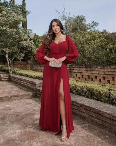 Vista 5 de BONOYUER Vestido de dama de honor de manga larga para mujer, con abertura, acampanado, hombros descubiertos, vestidos de noche formales de gasa