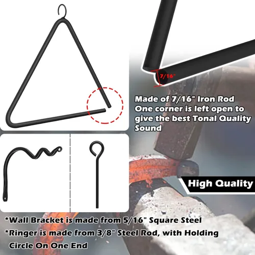 Vista 6 de Sunluway Campana triangular de 12 pulgadas – Campana triangular de hierro con soporte de pared y soporte de pared – Campana triangular