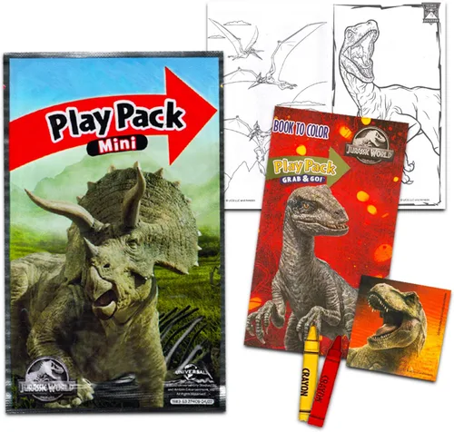 Vista 2 de Jurassic World Party Favor Set - Bundle of 24 Dinosaur Grab n Go Play Packs with Mini Coloring Pages, Stickers, More T-Rex Birthday Party Supplies