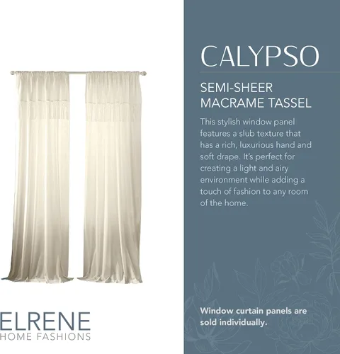 Vista 2 de Elrene Home Fashions Calypso - Cortina para ventana, de algodón semitransparente con borlas de macramé anudadas a mano, con bolsillo para barra, 52
