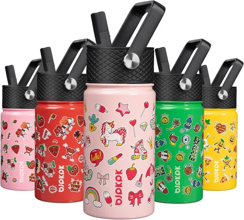 Vista 36 de BJPKPK Botella de agua con tapa con pajilla, botella de agua aislada de 15 onzas, botellas de agua de metal de acero inoxidable, termo reutilizable