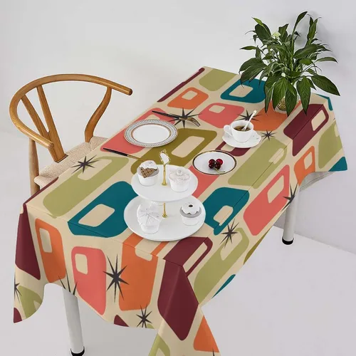 Vista 58 de Mantel retro moderno de mediados de siglo, diseño de colores retro de los años 50, resistente al agua, mantel lavable para cocina, comedor, fiesta