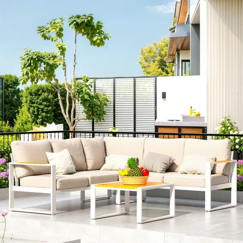 Vista 9 de Juego de muebles de aluminio para patio, sofá modular para todo tipo de clima, juegos de conversación de patio en forma de L, sofá esquinero