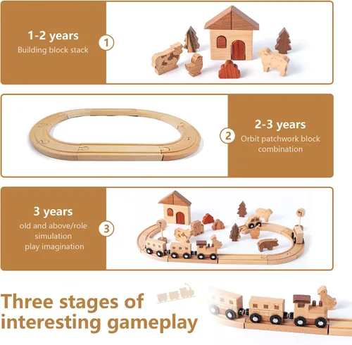 Vista 4 de Juego de tren de madera Montessori juguetes para niños fomentan el juego imaginativo y las habilidades motoras finas, pistas de tren de doble cara