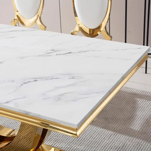Vista 7 de SSLine Juego de mesa de comedor de mármol sintético blanco de 68 pulgadas