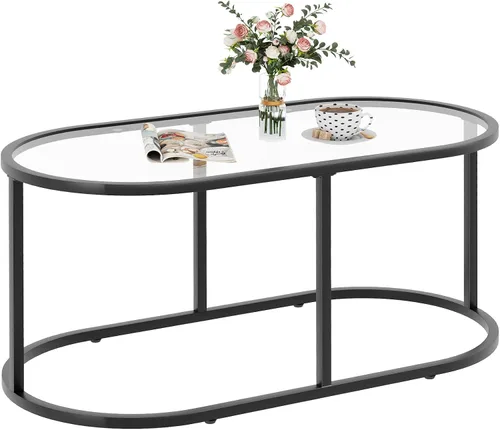 Vista 9 de Mesa de café Wolawu Mesas de café de vidrio negro para sala de estar, mesa de centro ovalada con marco de metal resistente, mesas de acento modernas