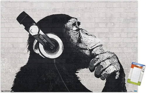 Vista 11 de Trends International Chimp with Headphones on Wall Wall Poster, 14.725" x 22.375", Barnwood Framed Version