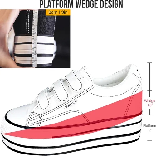 Vista 2 de Womens Platform Shoes Hidden Wedge 3 Inches Height Increase, Hook and Loop Walking Shoe, Strap Canvas Sneakers High Heel White Black Fashion