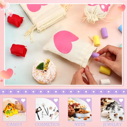 Vista 4 de Crtiin 24 bolsas de regalo de arpillera para el día de San Valentín, bolsas de regalo de lino con cordón de corazón, bolsa de dulces para regalos