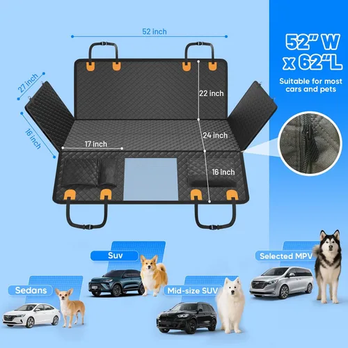 Vista 6 de Funda de Asiento de Coche para Perro para Asiento Trasero con Fondo Rígido, Extensor de Asiento Trasero Impermeable para Perros, Hamaca para Perros